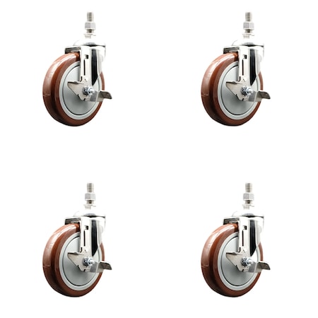 Service Caster 5 Inch 316SS Maroon Polyurethane Swivel 1/2 Inch Threaded Stem Caster Set Brake SS316TS20S514-PPUB-MRN-TLB-121315-4